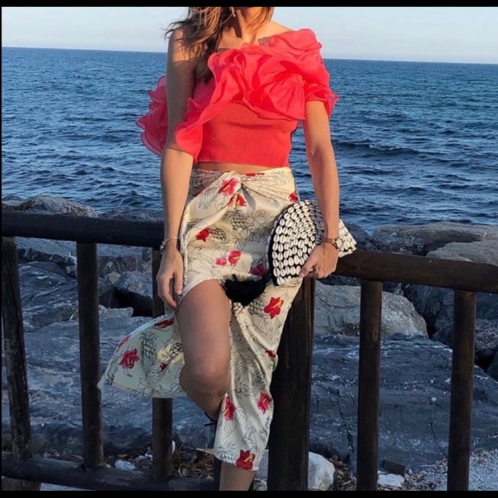 Zara Floral Midi Skirt in Cream with Pink-Red Flowers